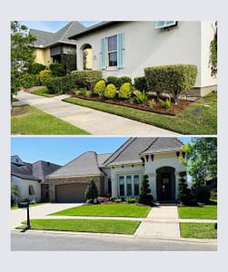White stucco house with freshly mowed lawn.